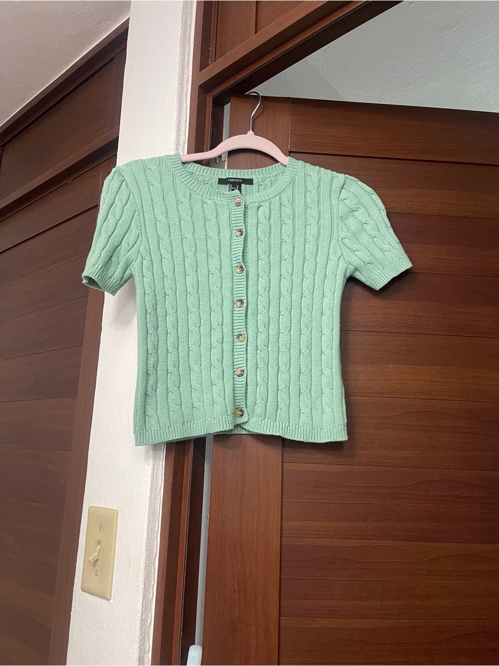 Forever 21 Mint Green Short Cable-Knit Button Cardigan